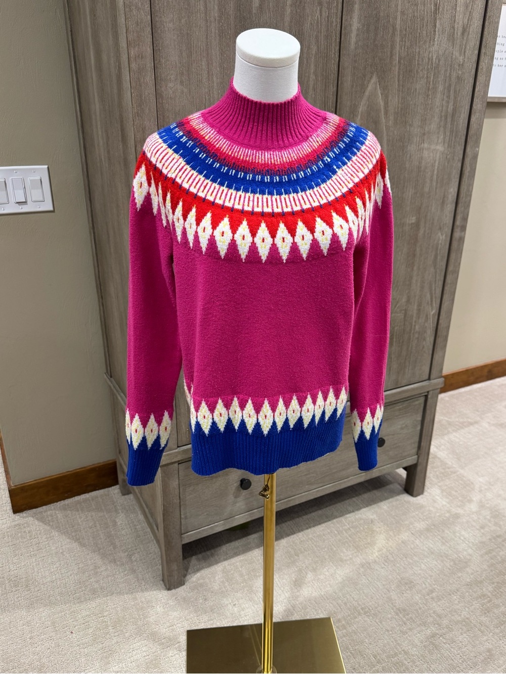 Charter Club Hot Pink Nordic Yoke Turtleneck Sweater with Blue Accents